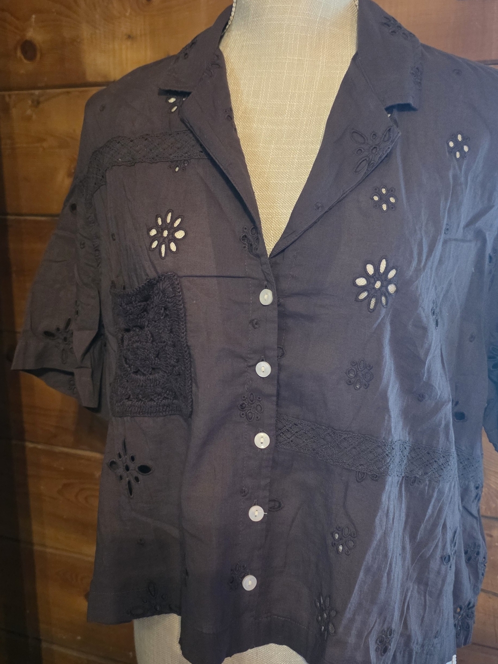 American Eagle Outfitters Chocolate Brown Eyelet Button-Down Shirt - XL